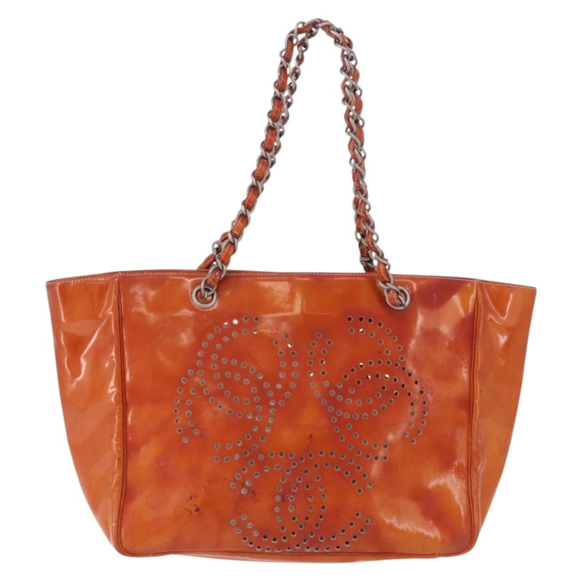Chanel Triple CC Perforated Patent, Orange, Patent Leather, Tote Bag
