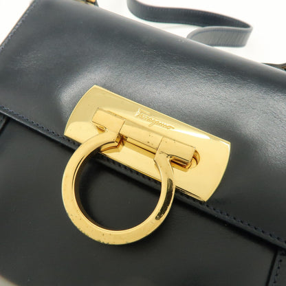 Salvatore Ferragamo Vintage Gancini Flap Leather, Navy, Leather, Shoulder Bag