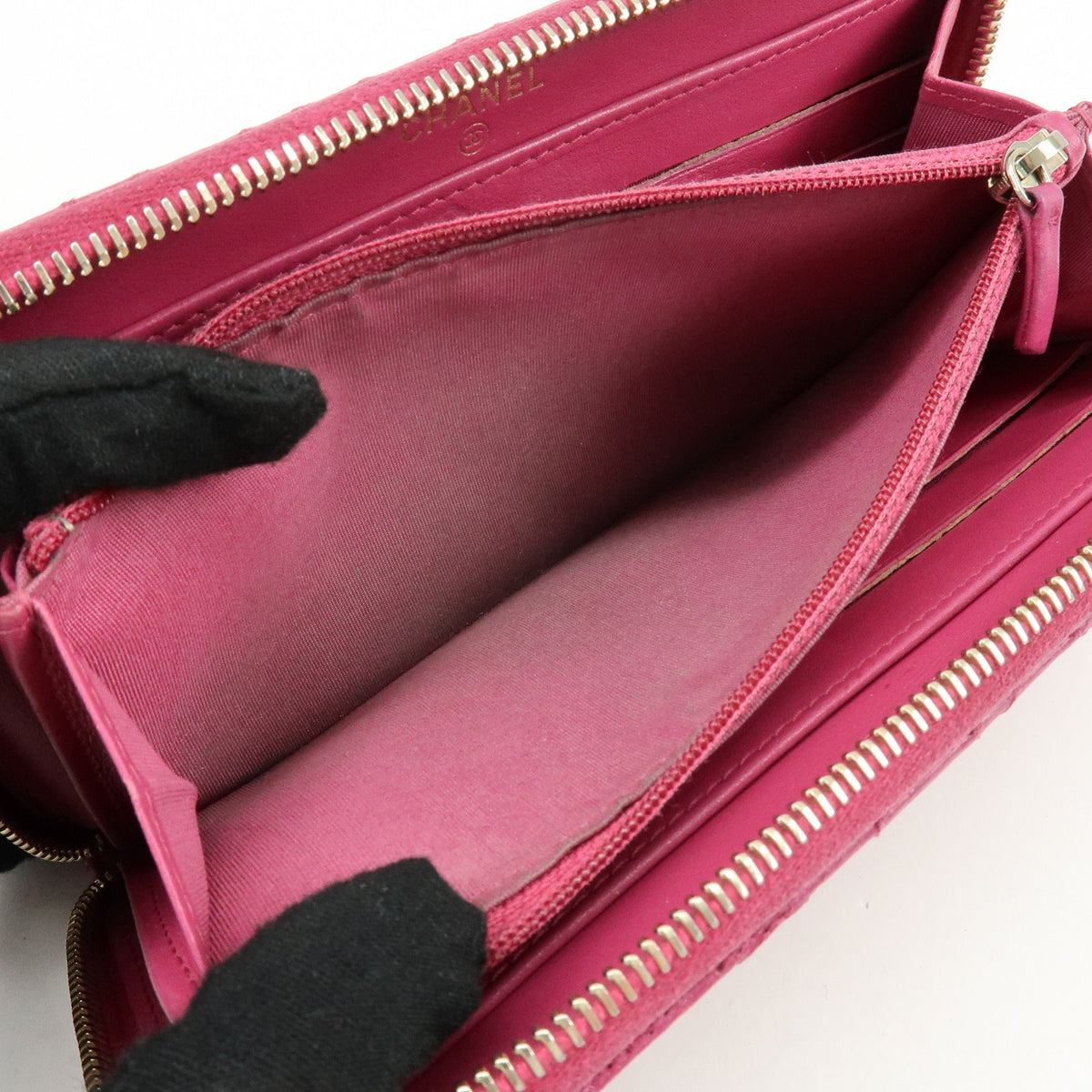 Chanel Zip Around Camellia Patent, Pink, Calfskin, Wallet