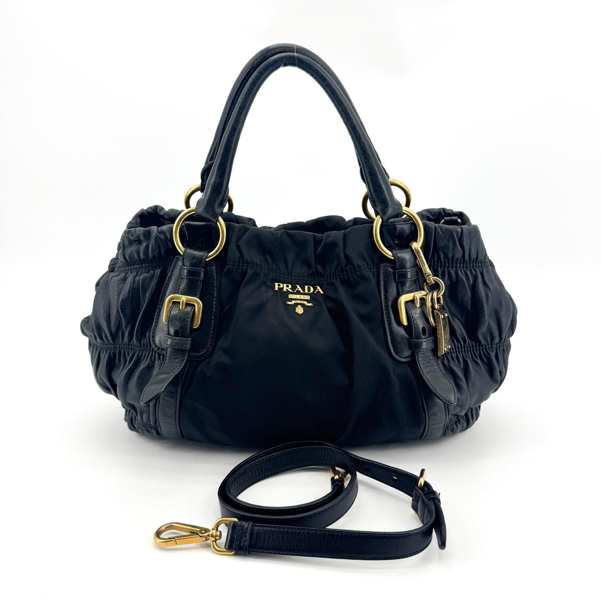 Prada Gaufre Convertible Satchel Leather and Tessuto, Black, Nylon, Handbag