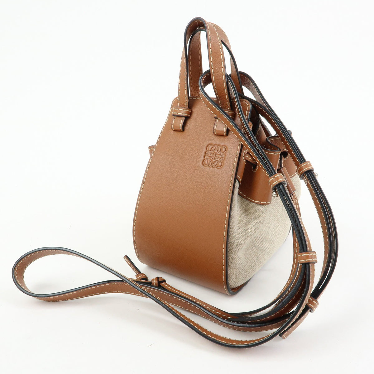 Loewe Hammock Leather and Canvas, Brown, Leather, Handbag