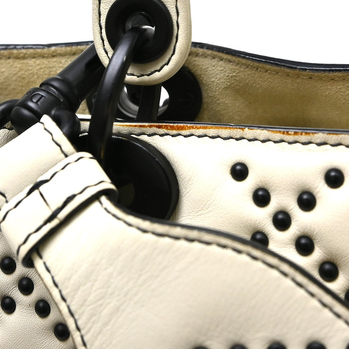 Christian Dior Supple Lady Dior Cannage Studded Lambskin, White, Leather, Handbag