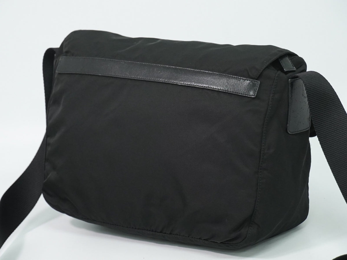Prada Zip Buckle Messenger Tessuto, Black, Nylon, Shoulder Bag