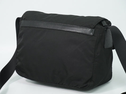 Prada Zip Buckle Messenger Tessuto, Black, Nylon, Shoulder Bag