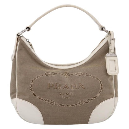 Prada Canapa Hobo Canvas with Leather, Beige, Canvas, Shoulder Bag