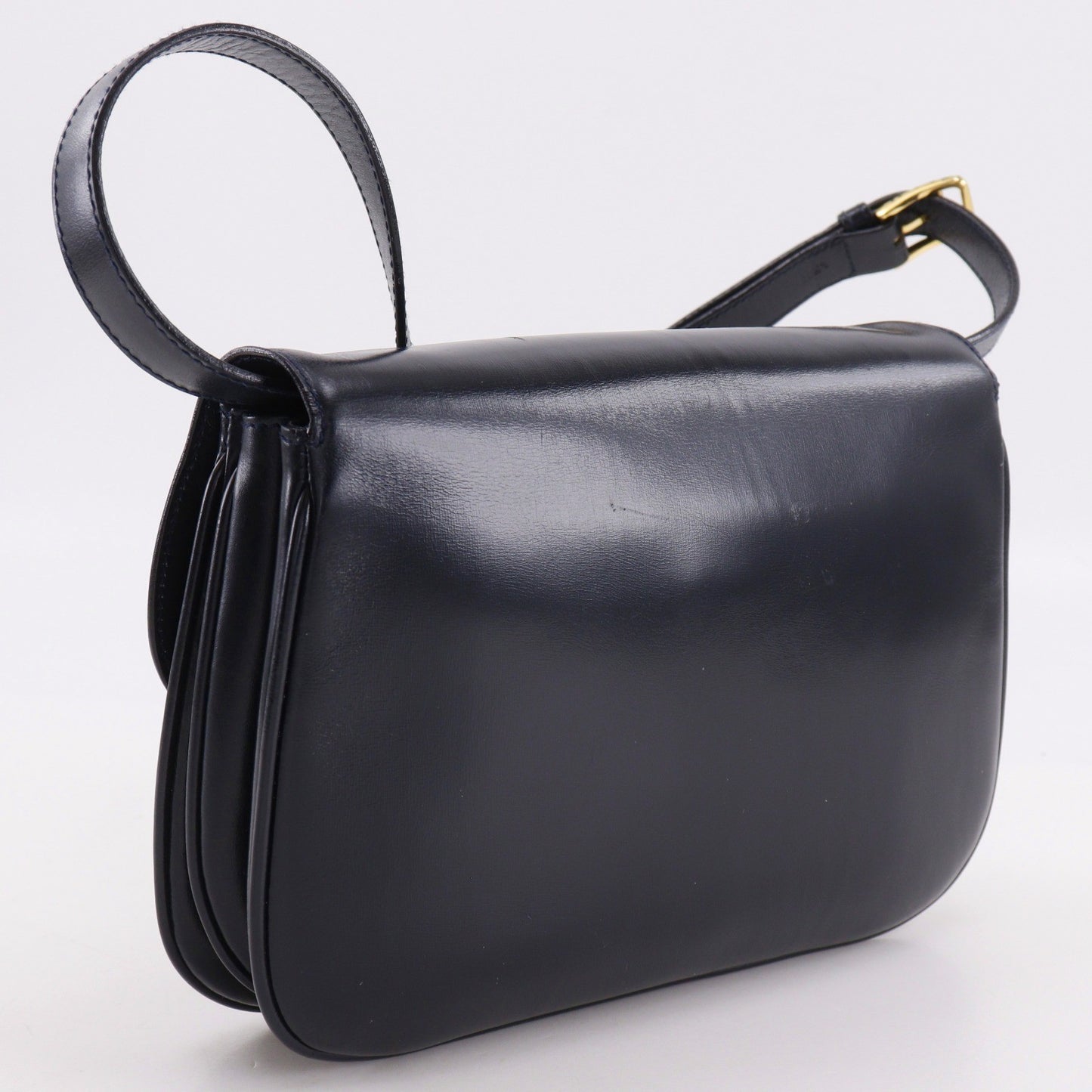 Celine Vintage Triomphe Flap Leather, Black, Calfskin, Shoulder Bag