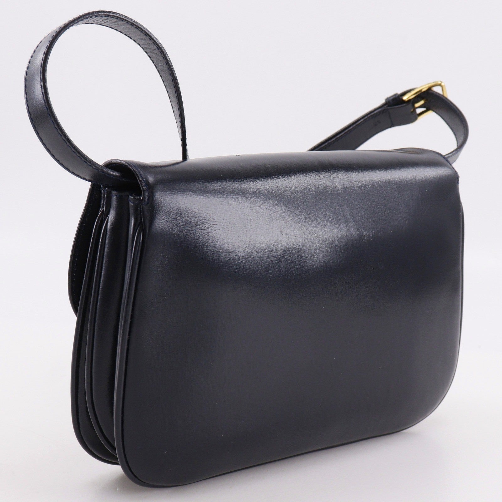 Celine Vintage Triomphe Flap Leather, Black, Calfskin, Shoulder Bag