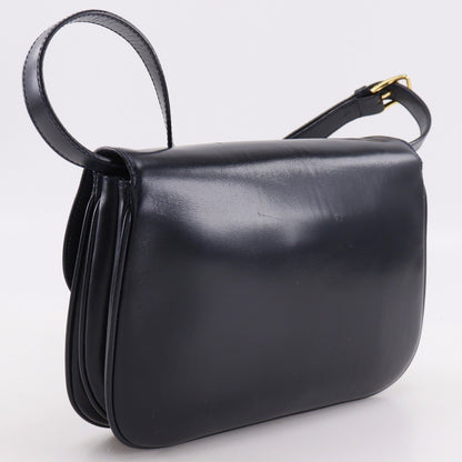 Celine Vintage Triomphe Flap Leather, Black, Calfskin, Shoulder Bag
