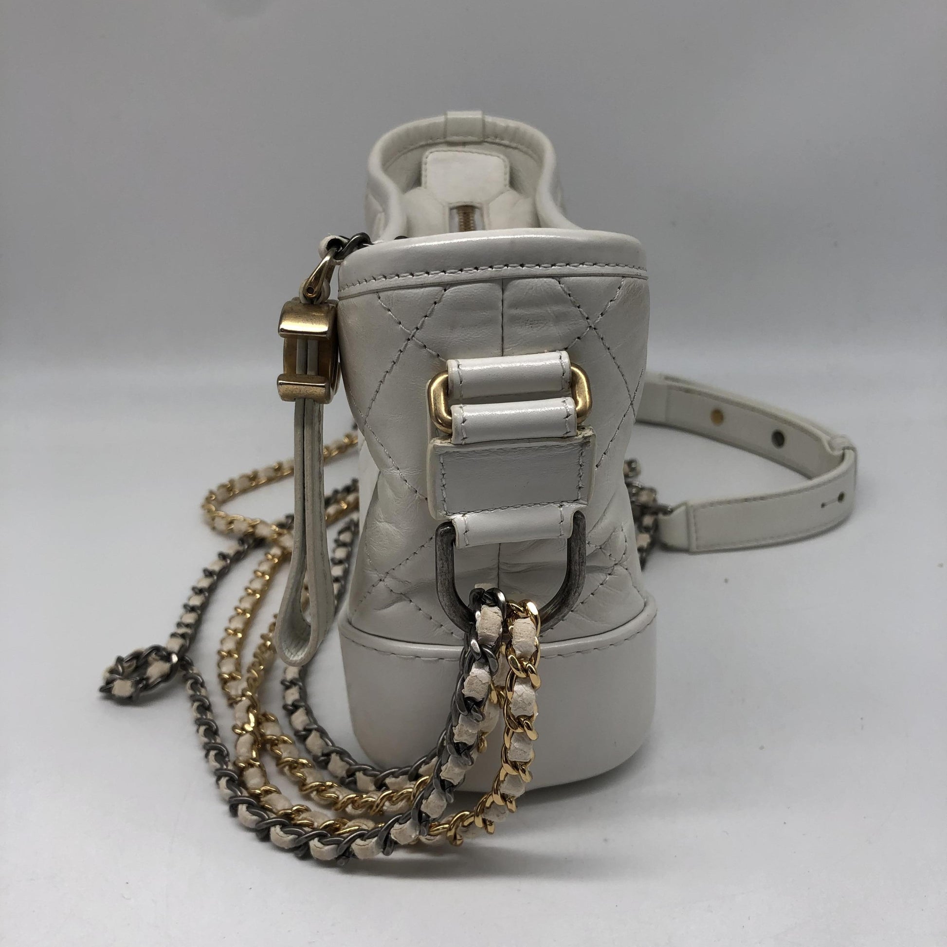 Chanel Gabrielle Hobo Quilted Aged Calfskin, White, Calfskin, Shoulder Bag