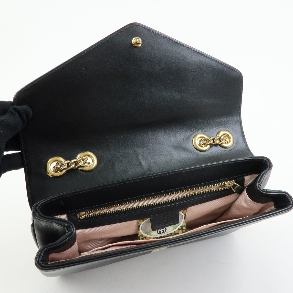Gucci Rajah Chain Leather, Black, Leather, Tote Bag