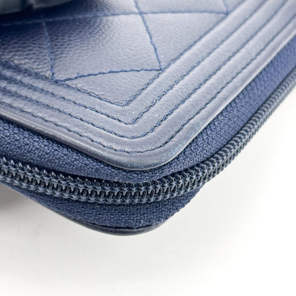 Chanel Boy Zip Around Quilted Caviar, Black, Leather, Wallet