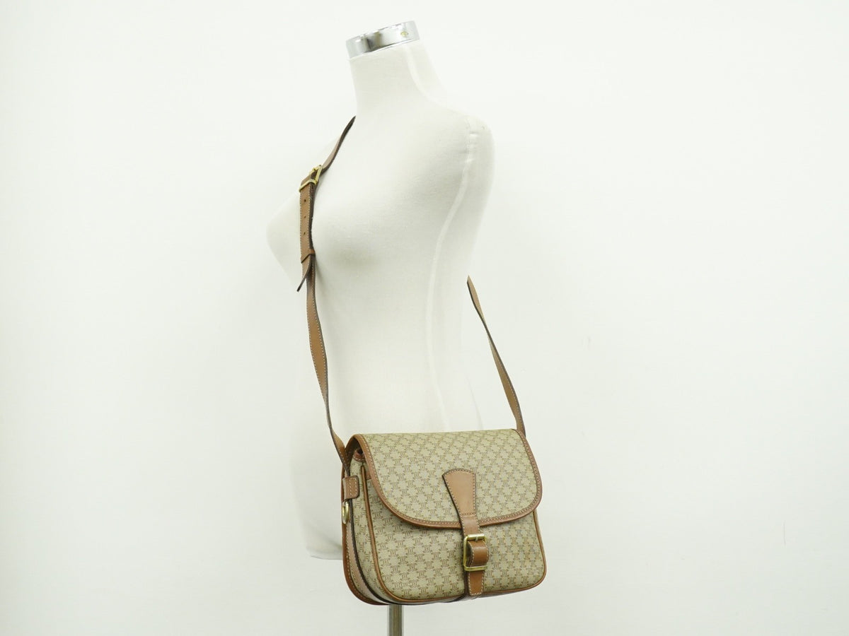 Celine Vintage Macadam Canvas and Leather, Beige, Canvas, Shoulder Bag