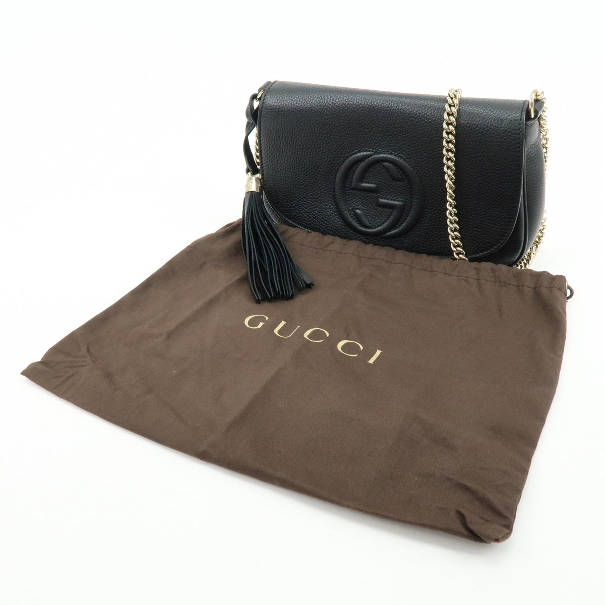 Gucci Soho Chain Leather, Black, Calfskin, Crossbody Bag