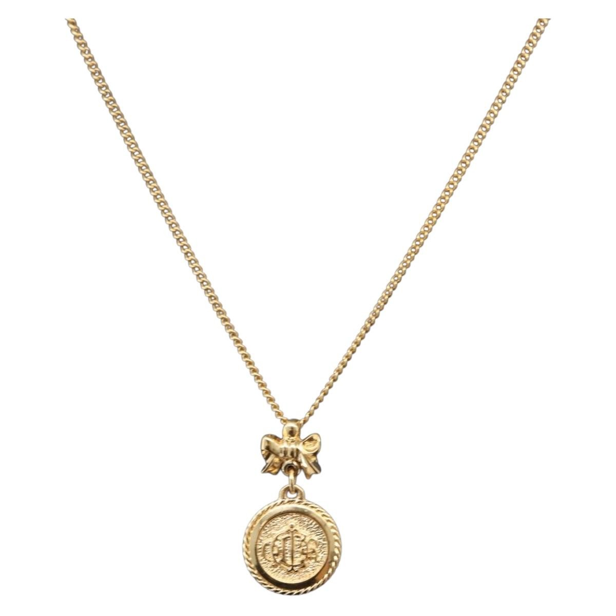 Christian Dior Round Logo Pendant Metal with Crystal, Gold, Metal, Necklace