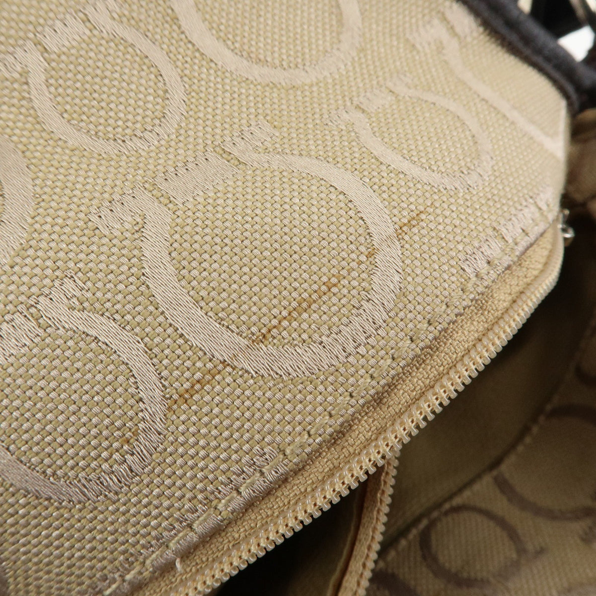 Salvatore Ferragamo Gancini Handle Leather, Beige, Canvas, Tote Bag