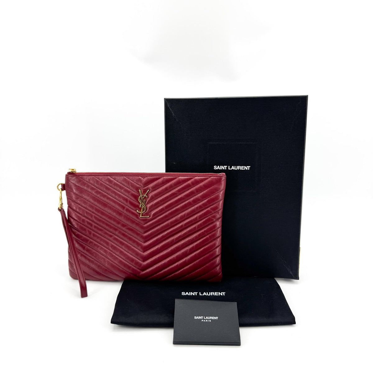 Saint Laurent Classic Monogram Wristlet Matelasse Chevron Leather, Burgundy, Leather, Clutch