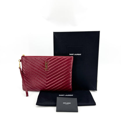 Saint Laurent Classic Monogram Wristlet Matelasse Chevron Leather, Burgundy, Leather, Clutch