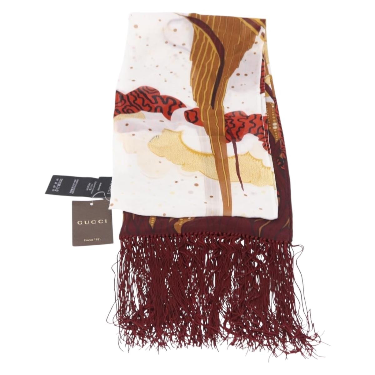 Gucci Printed Silk Fringed Scarf Silk, Burgundy, Silk, Scarf