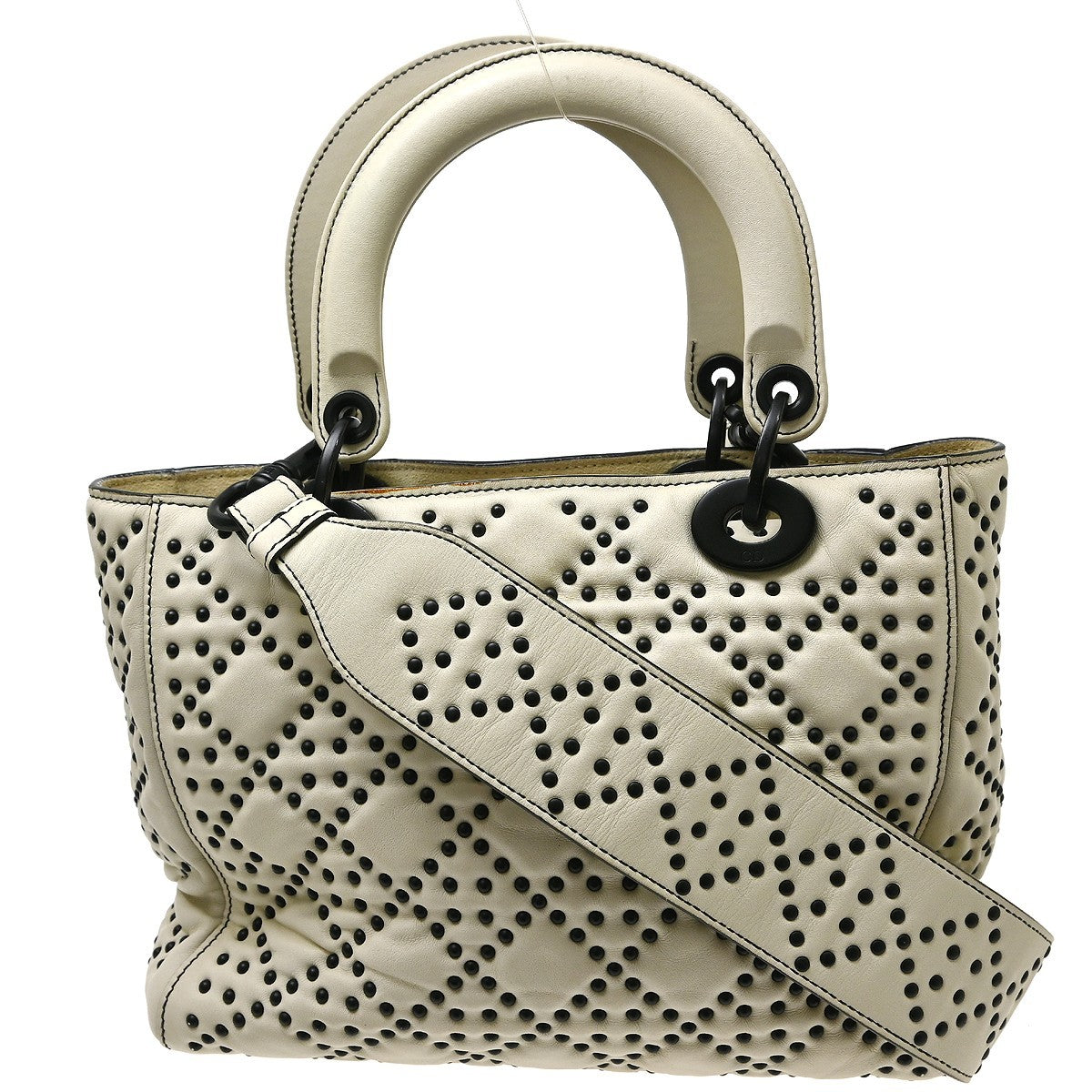 Christian Dior Supple Lady Dior Cannage Studded Lambskin, White, Leather, Handbag