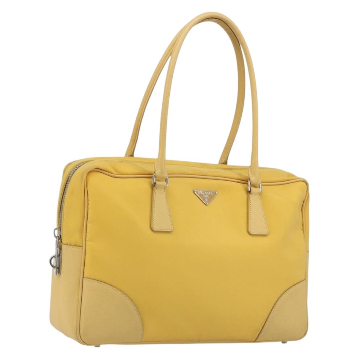 Prada Bauletto Tessuto with Saffiano Leather, Yellow, Canvas, Handbag