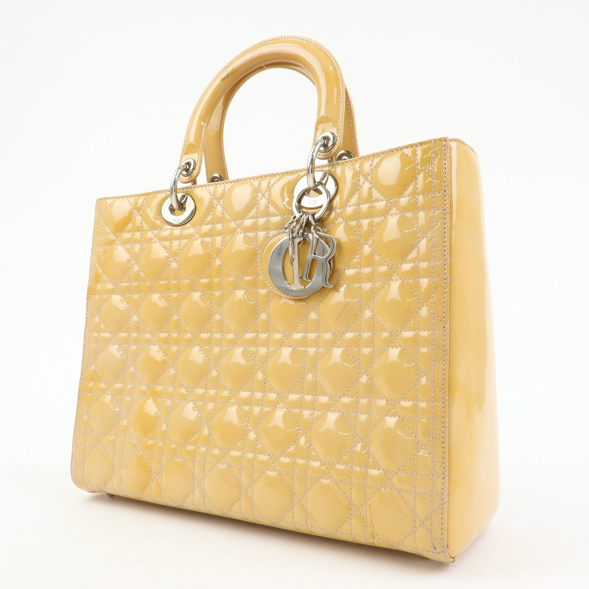 Christian Dior Vintage Lady Dior Cannage Quilt Patent, Yellow, Patent Leather, Handbag