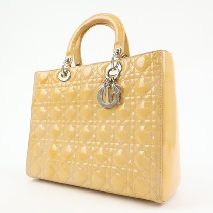 Christian Dior Vintage Lady Dior Cannage Quilt Patent, Yellow, Patent Leather, Handbag