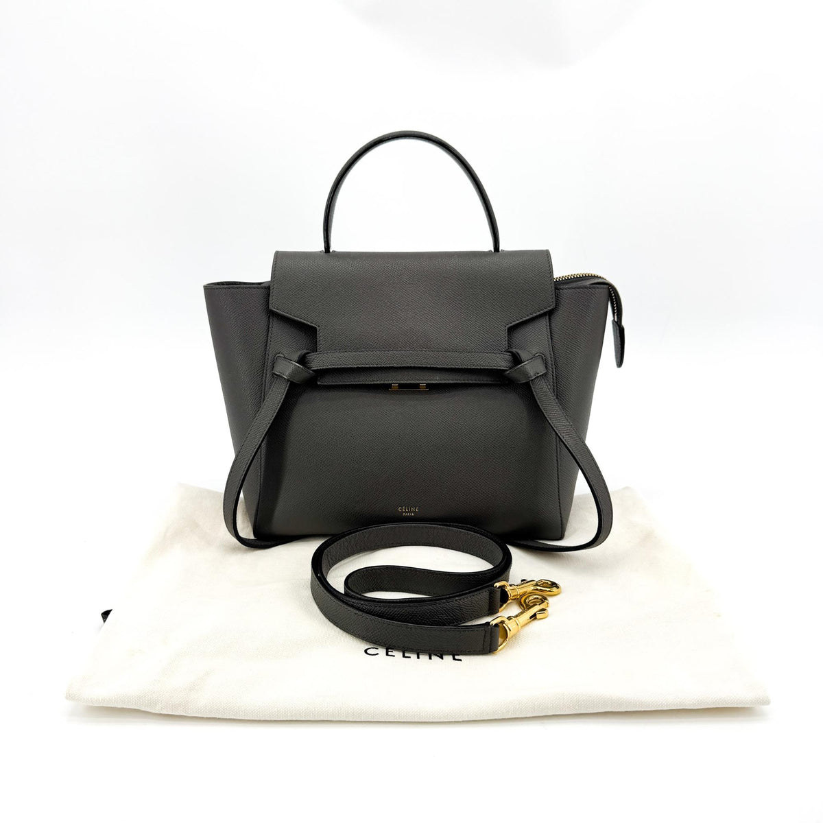 Celine Belt Calfskin, Gray, Leather, Handbag