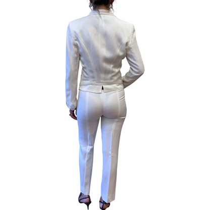 Brandsamsara white viscose and linen blend suit worn by a woman, back view showing tailored jacket and trousers.