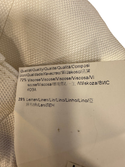 Brandsamsara BOSS suit white fabric care label showing 72 percent viscose and 28 percent linen composition