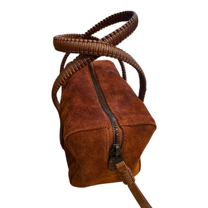 Brandsamsara Kallista brown suede leather handbag with braided handles and a detachable crossbody strap