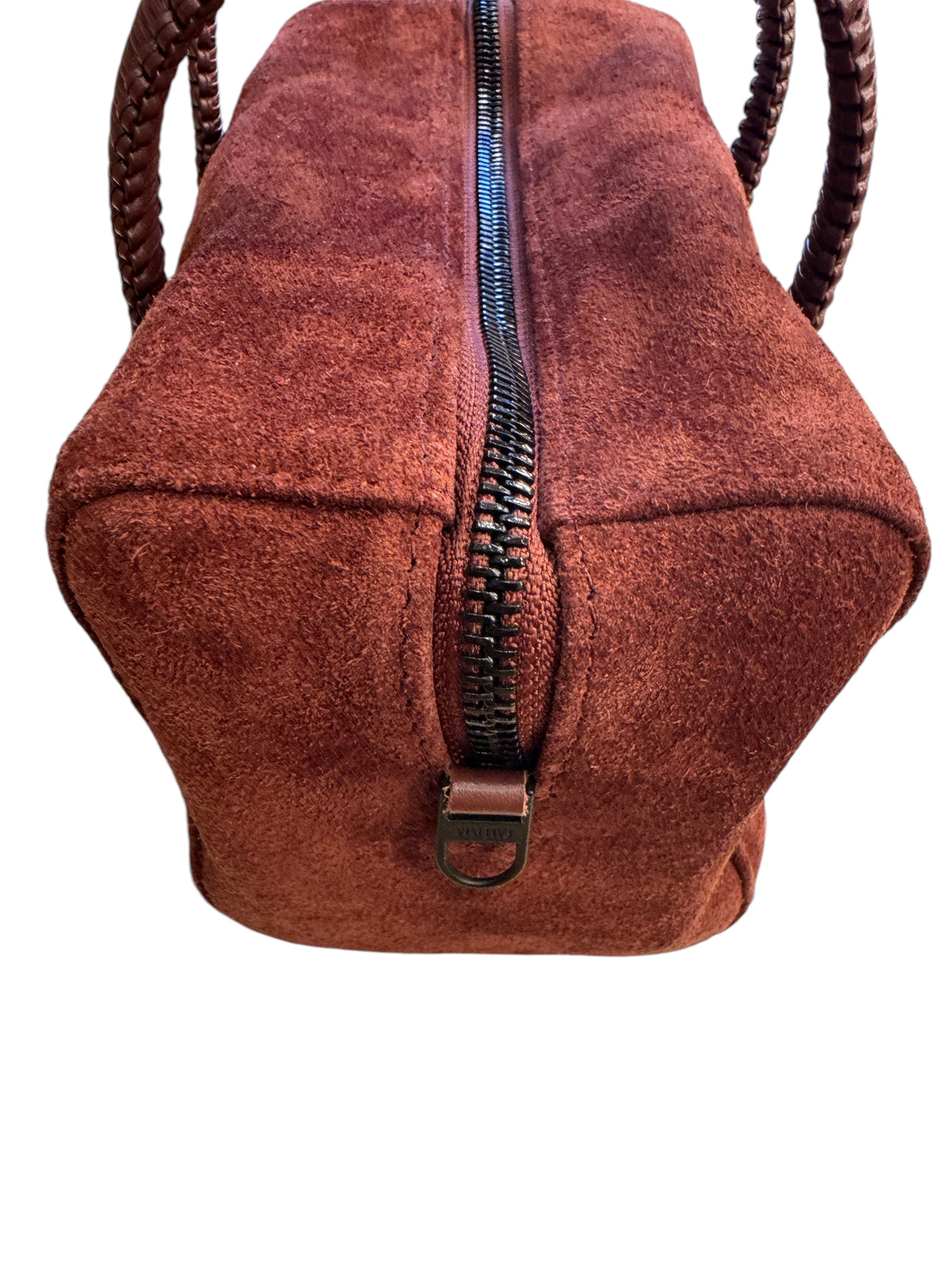 Brandsamsara Kallista brown suede leather handbag featuring a dark zipper closure and braided handles.