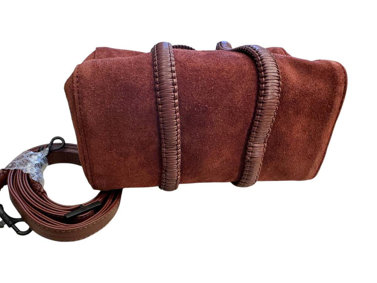 Brandsamsara Kallista brown suede leather handbag with braided handle details and a detachable crossbody strap