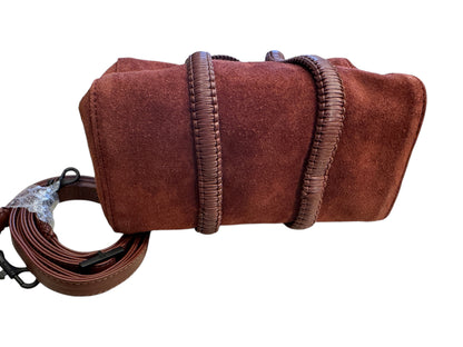 Brandsamsara Kallista brown suede leather handbag with braided handle details and a detachable crossbody strap