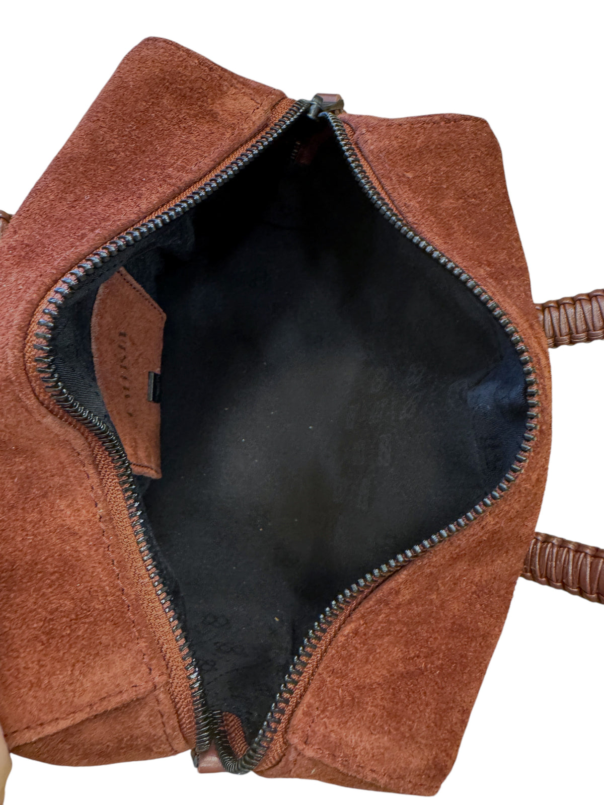 Brandsamsara Kallista brown suede leather handbag with a top zipper closure and interior lining