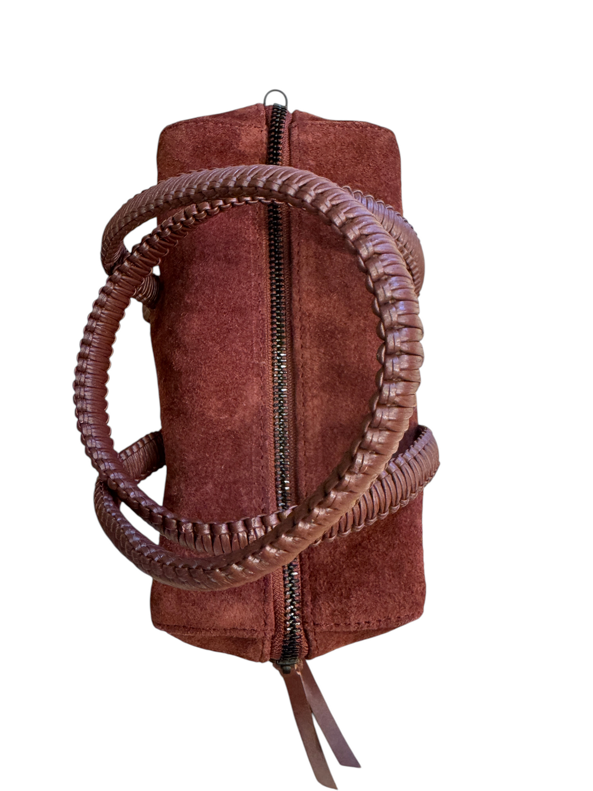 Brandsamsara Kallista brown suede leather handbag with braided top handles and a top zipper closure