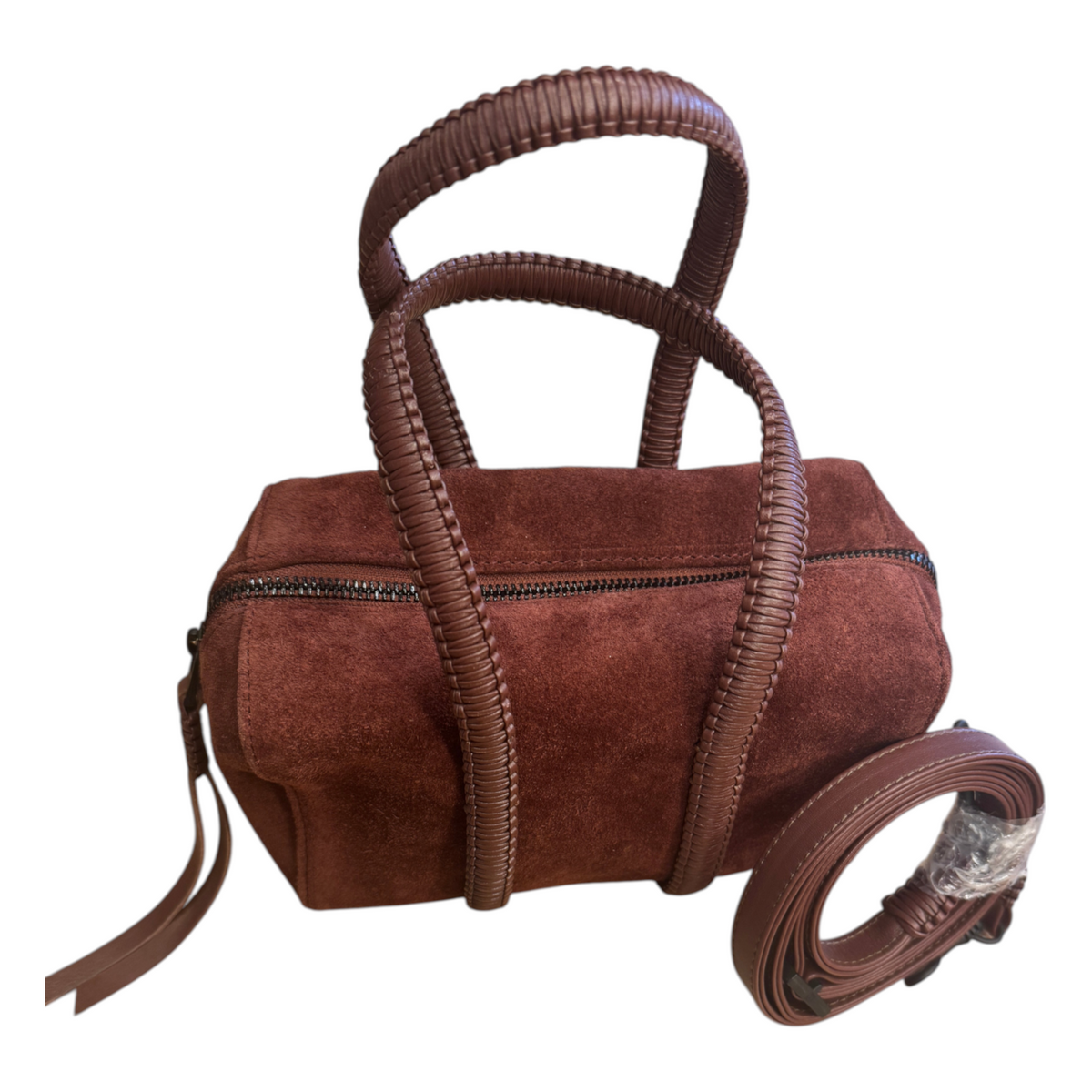 Brandsamsara Kallista brown suede leather handbag with braided handles and a detachable crossbody strap