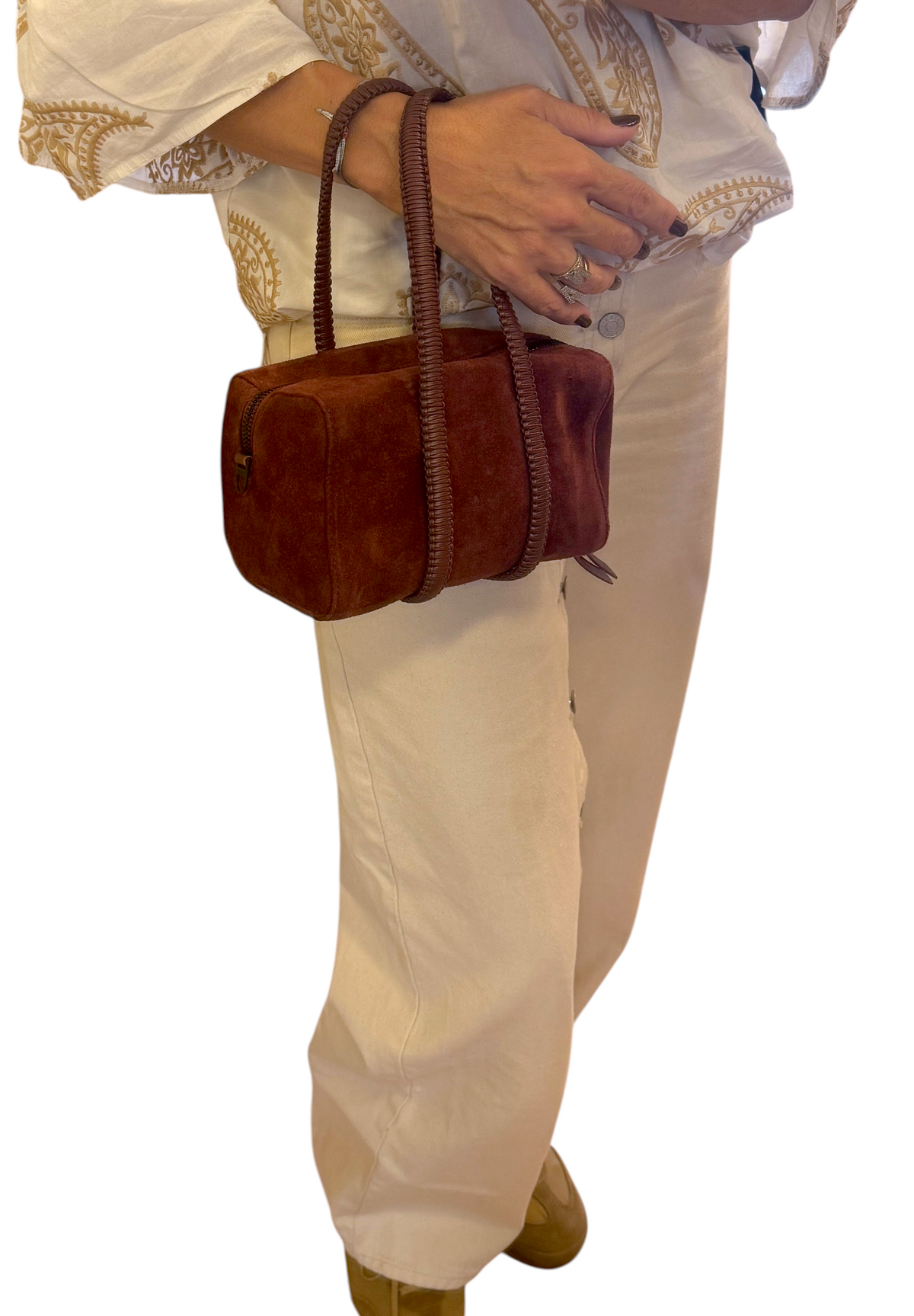 Brandsamsara Kallista brown suede leather handbag with braided handles and a detachable crossbody strap