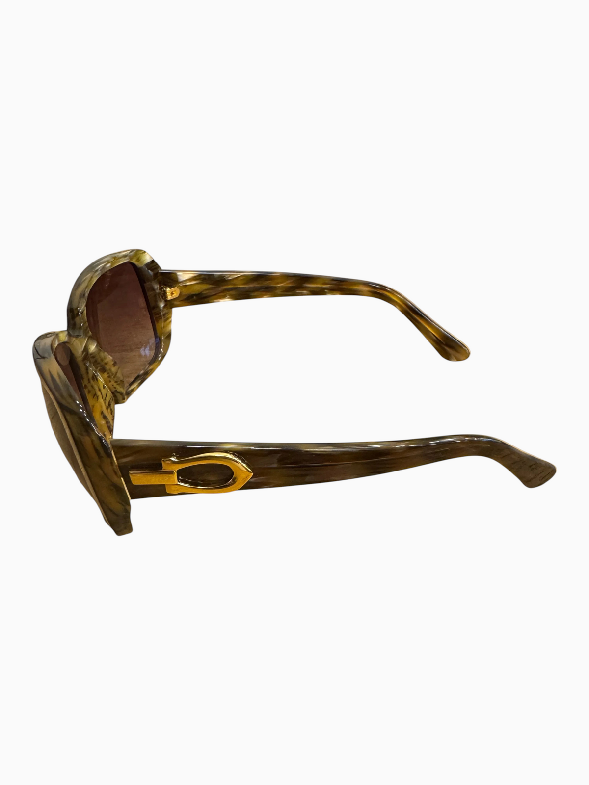 Brandsamsara Cartier sunglasses in tortoiseshell acetate with gold hardware and medium tint lenses, side view
