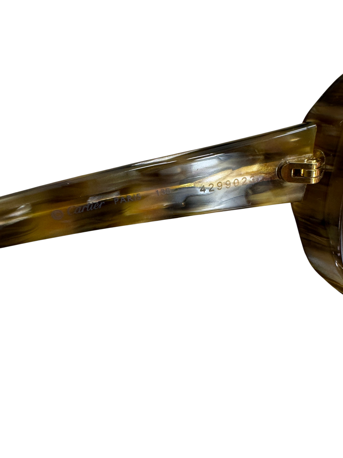 Brandsamsara Cartier sunglasses featuring tortoiseshell acetate frames with engraved serial number on the temple