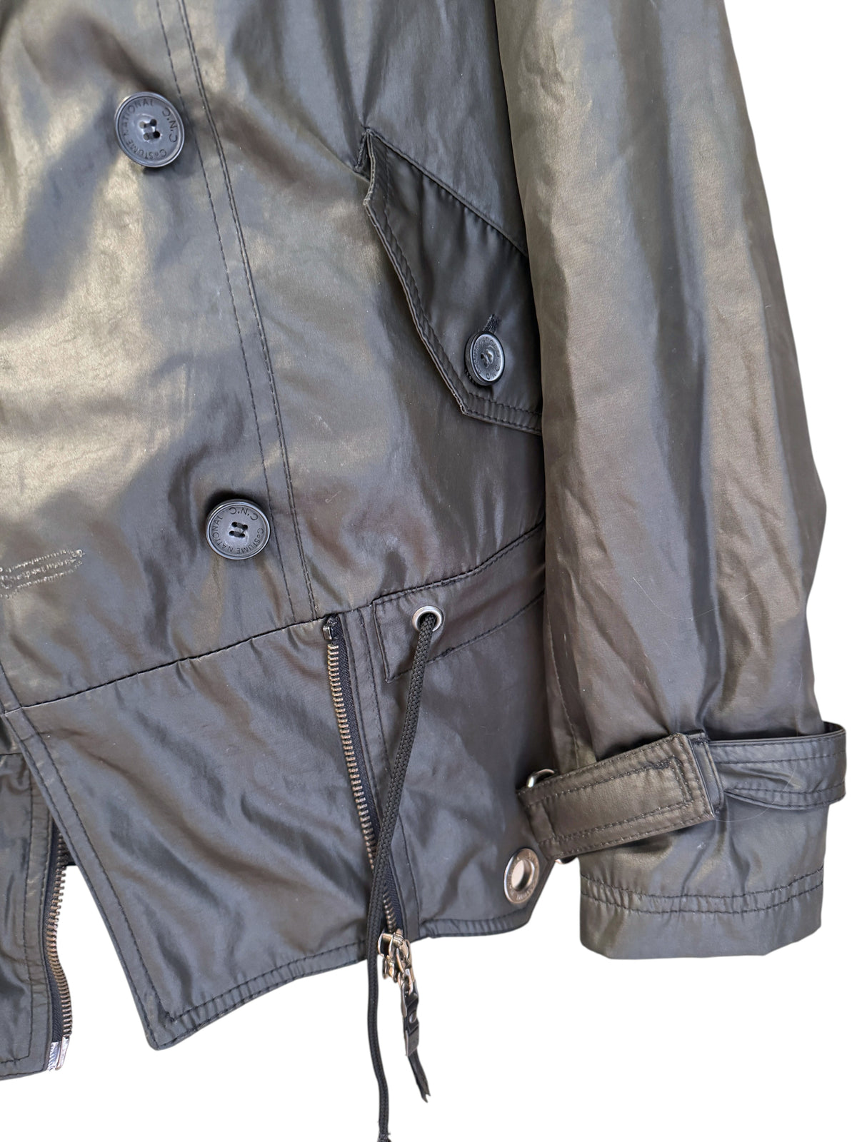 Brandsamsara black CNC Costume National long sleeve coat with button details and zip pockets