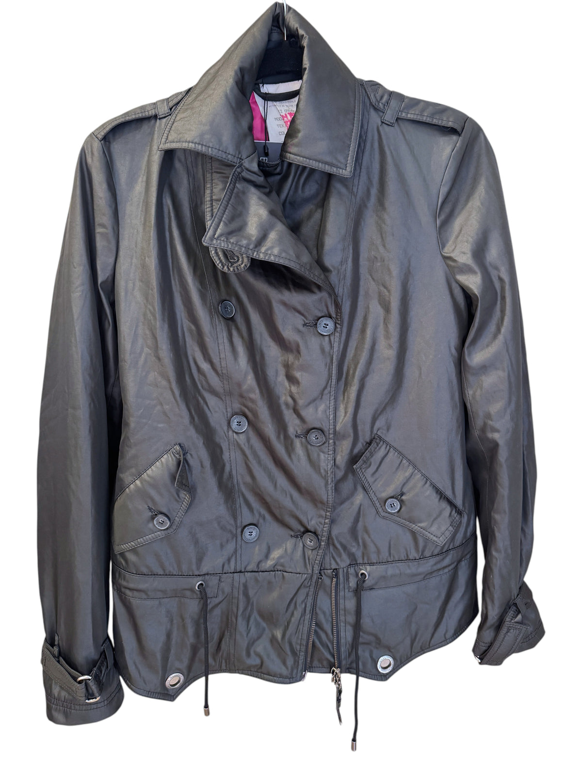 Brandsamsara black CNC Costume National double-breasted coat with long sleeves and utility-style detailing.