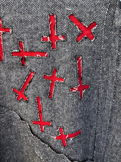 Brandsamsara Andy Warhol grey herringbone wool blend skirt with red stitched cross applique details
