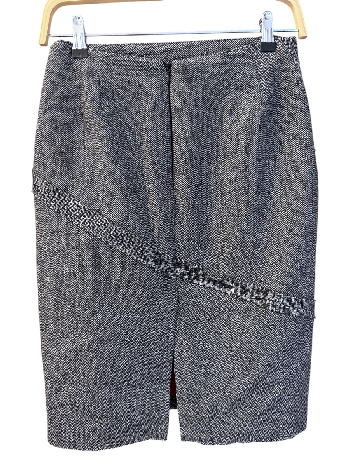 Brandsamsara Andy Warhol grey wool blend herringbone pencil skirt with a diagonal seam and back vent