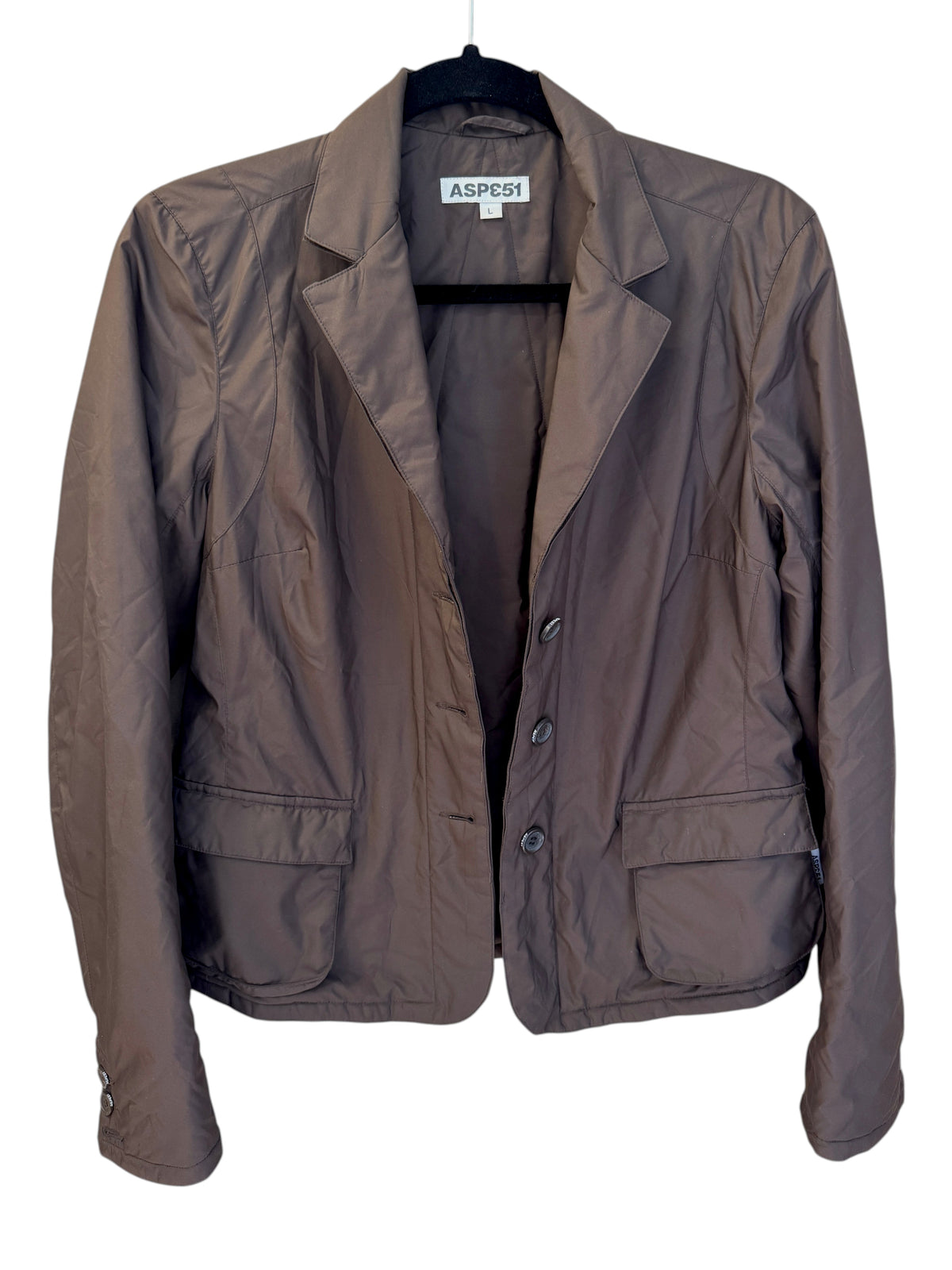 Brandsamsara Aspesi brown polyester lined jacket with long sleeves and front pockets on a hanger