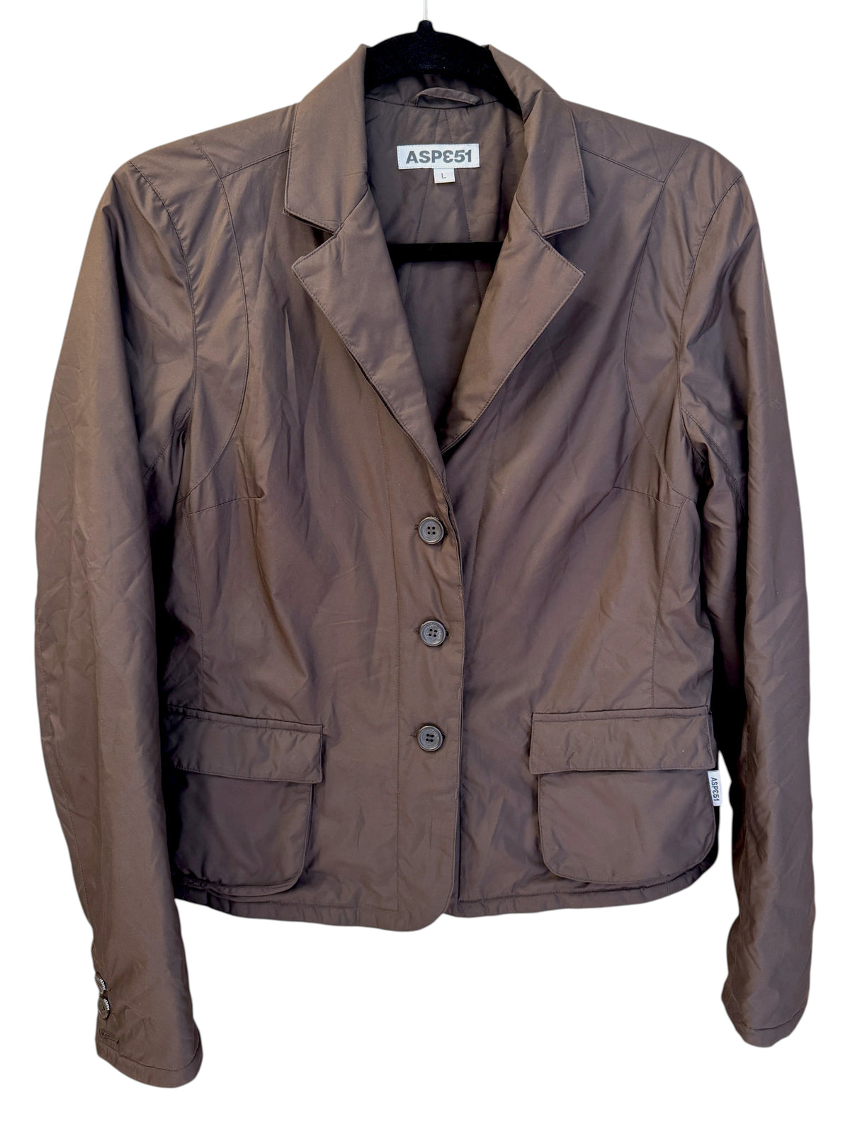 Brandsamsara Aspesi brown polyester jacket with long sleeves, button front, and two flap pockets.