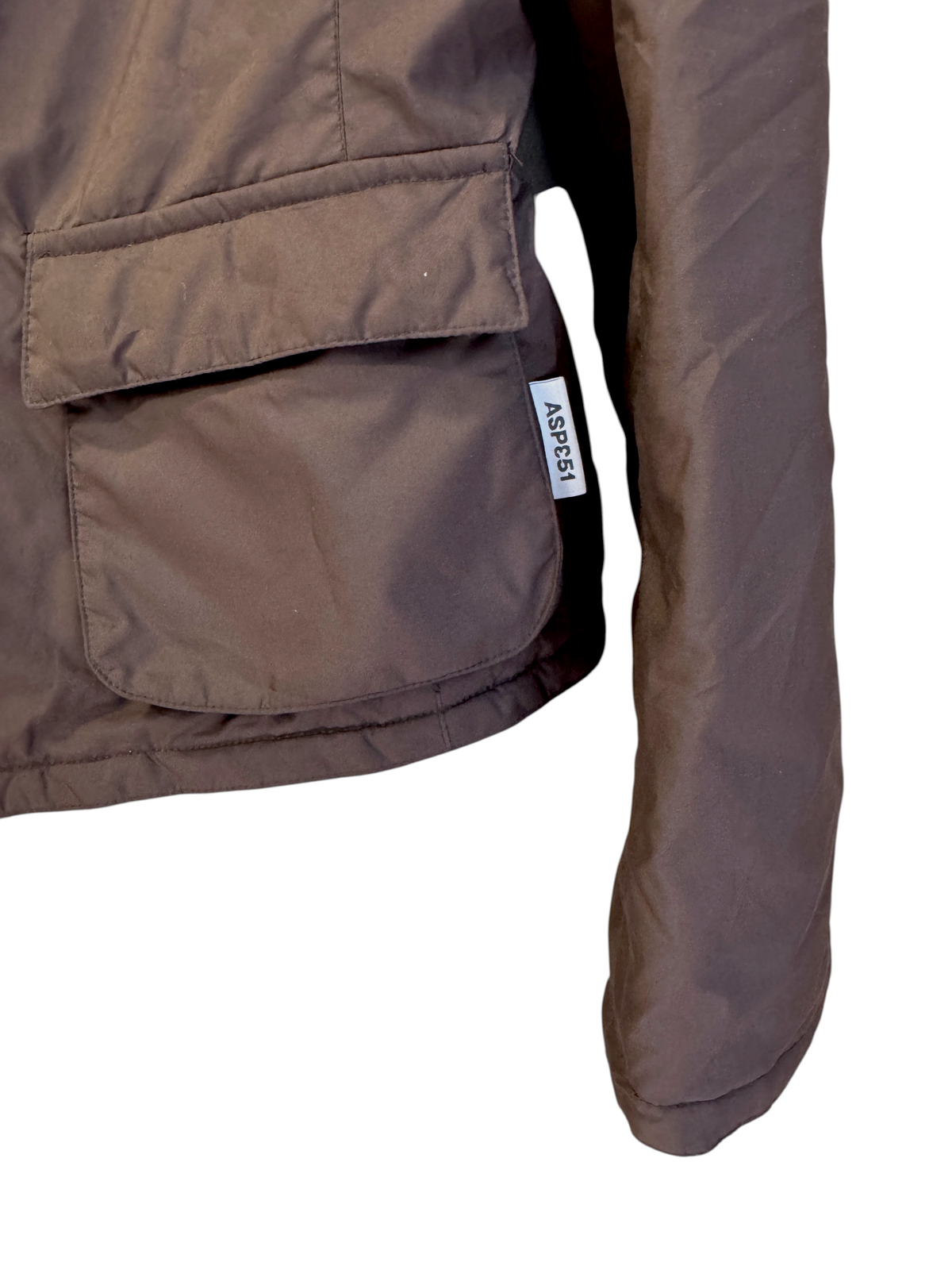 Brandsamsara brown polyester Aspesi jacket featuring a front flap pocket and side brand label detail.