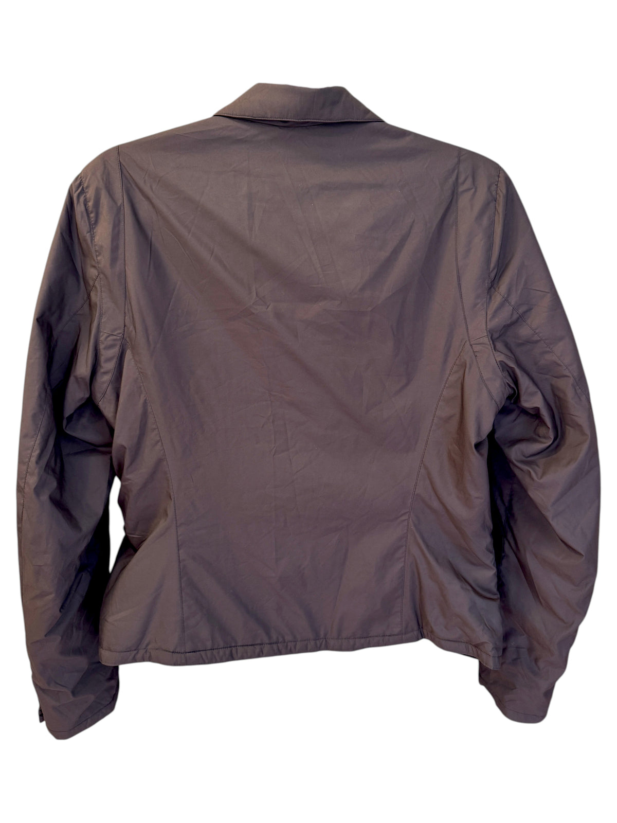 Brandsamsara brown polyester long sleeve jacket with a classic collar and lined interior, back view.