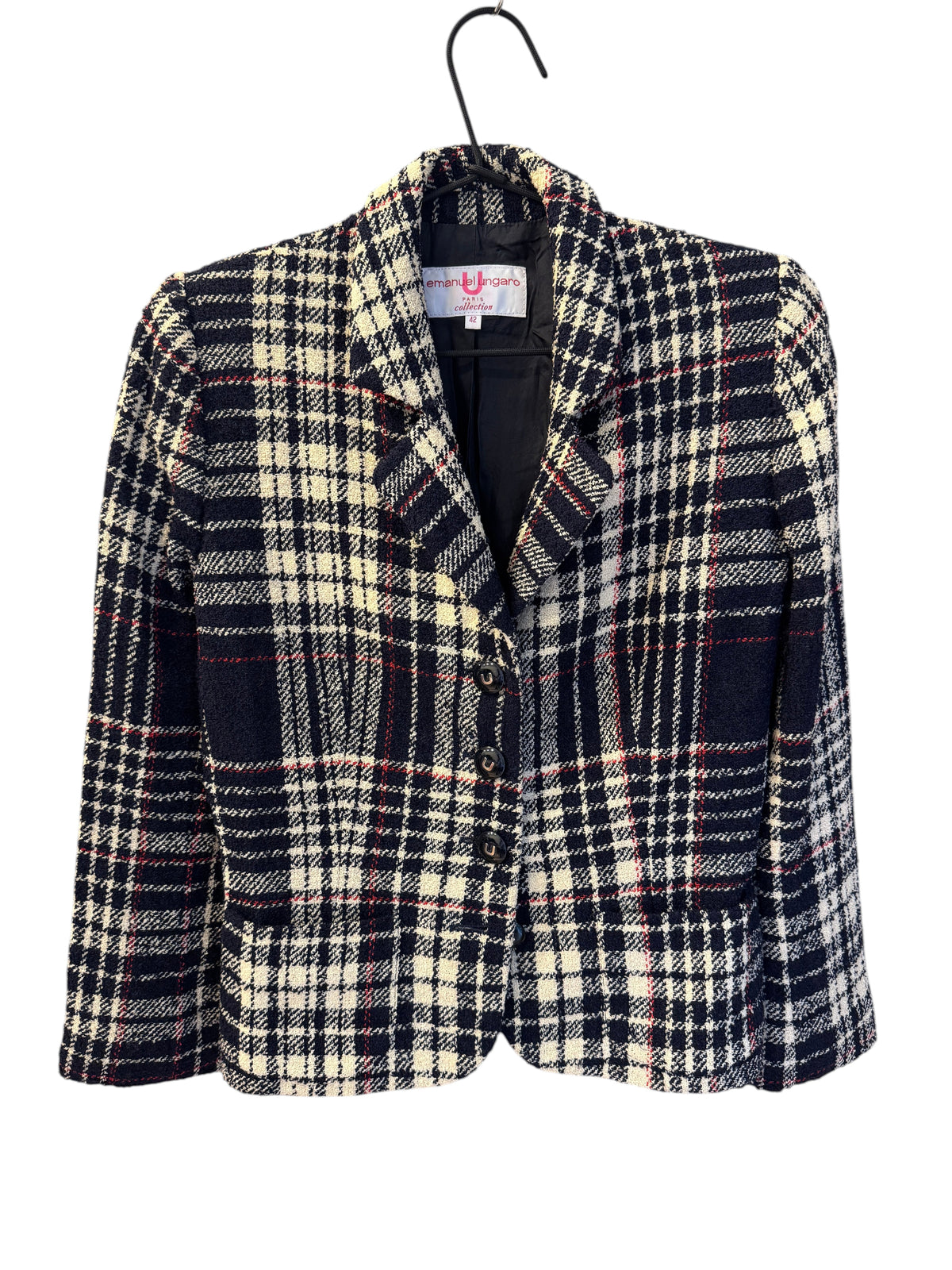 Brandsamsara Emanuel Ungaro long sleeve jacket in a multicolor plaid wool blend fabric with a button front closure.