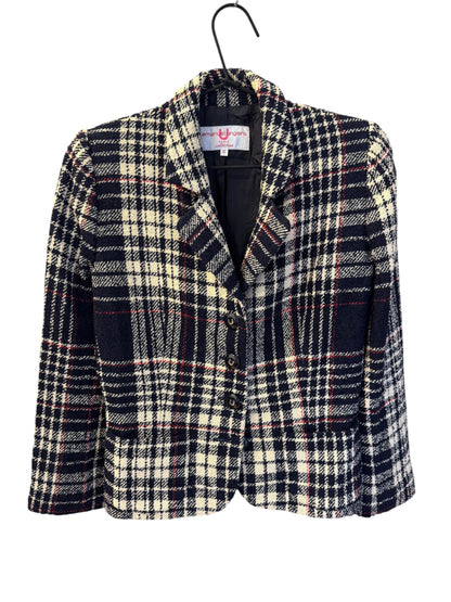 Brandsamsara Emanuel Ungaro long sleeve jacket in a multicolor plaid wool blend fabric with a button front closure.