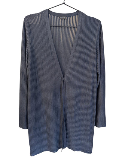 Brandsamsara Akris blue silk long sleeve cardigan with a ribbed texture hanging on a hanger